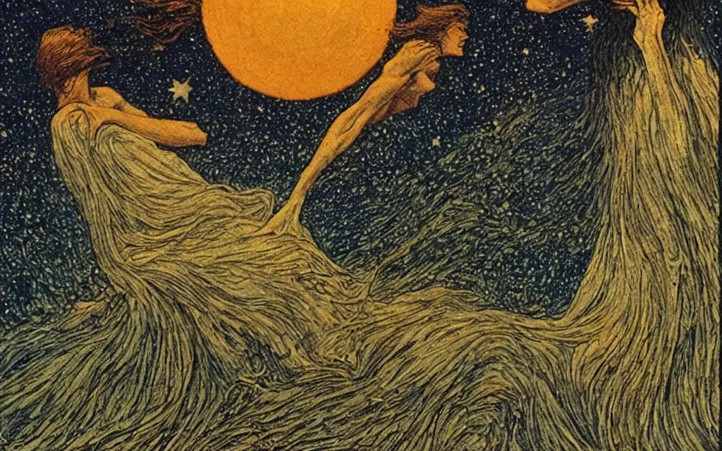 Image similar to the sandman in his true form, made of sand and stars by carlos schwabe and frank miller