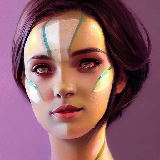 Image similar to android robot woman face painting, looking straight to camera, muted colors, matte print, pastel colors, ornate, digital art, cute smile, winning artwork, digital painting, professional art, elegant, by Ilya Kuvshinov, by artgerm