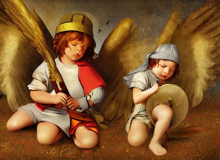 Image similar to angel rescuing little boy from a bad dream with marching drum, highly detailed, sharp focus, digital painting