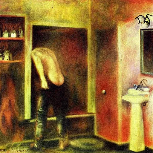 Image similar to disturbing grunge picture of a dirty bathroom 1 9 7 2. horror airbrush art, by auguste renoir