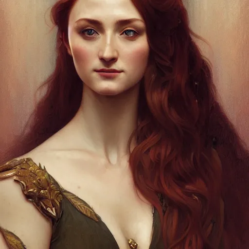 Image similar to portrait of sansa stark, intricate, elegant, highly detailed, digital painting, artstation, concept art, smooth, sharp focus, illustration, art by artgerm and greg rutkowski and alphonse mucha and william - adolphe bouguereau