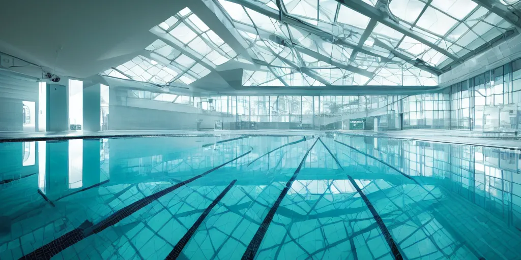 Image similar to indoor pool architecture, wide open space, long corridors, light and shadows, sterile, photography, tech submerged in water