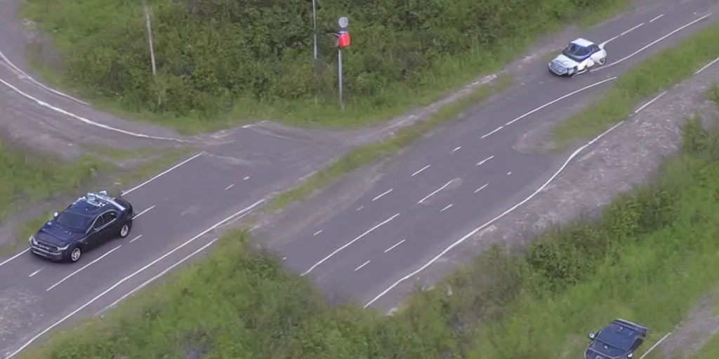 Image similar to police helicopter thermal cam of uk police cars chasing a 2 0 0 7 volvo s 9 0. car is going 8 6 mph on a highway.