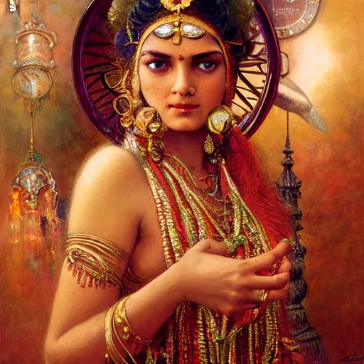 Image similar to detailed potrait of hindu traditional woman with high - tech steam punk clock in face, girl graceful,, painting by gaston bussiere, craig mullins, j. c. leyendecker, lights, art by ernst haeckel, john william godward, hammershøi,,