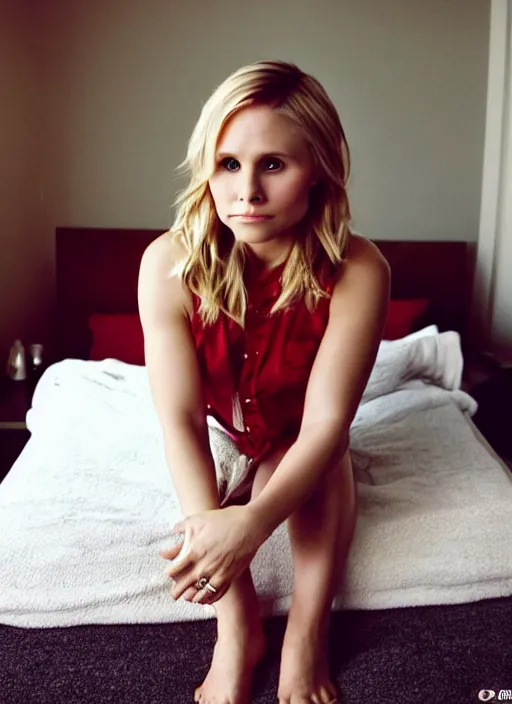 Image similar to through my eyes, first person view, my pov, kristen bell on my bed looking at me, on my bed