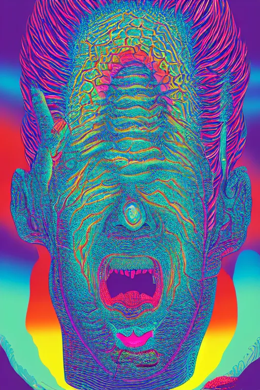 Image similar to a tab of LSD acid on a tongue with psychedelic hallucinations, screenprint by kawase hasuialex grey and dan hillier, colorful flat design, hd, 8k