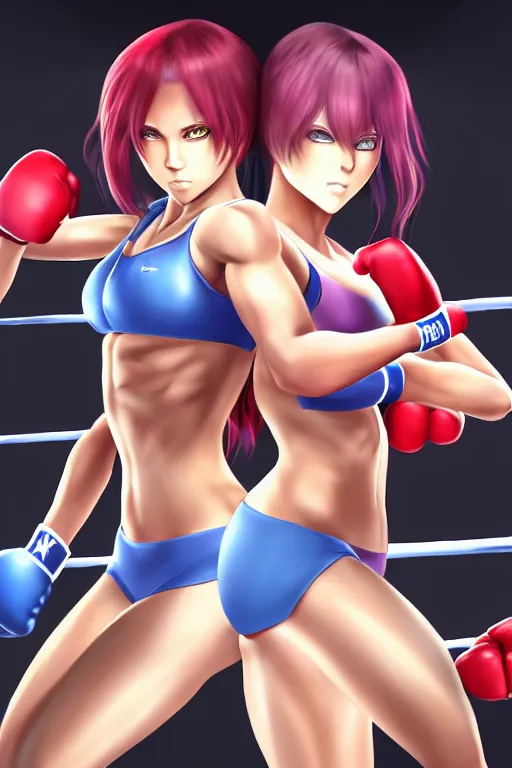 Image similar to two beautiful identical female fighters facing each other in the gym, dim lighting, gorgeous features, high definition, sharp focus, detailed digital anime art