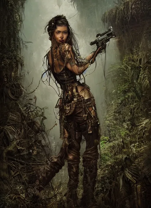 Prompt: portrait of a young very beautiful cute tribal woman with a steampunk gun, post apocalyptic city overgrown with lush vegetation, by Luis Royo, by Greg Rutkowski, dark, gritty, intricate, highly detailed face, backlit, strong rimlight, cover illustration, concept art, volumetric lighting, volumetric atmosphere,sharp focus, octane render, trending on artstation, 8k