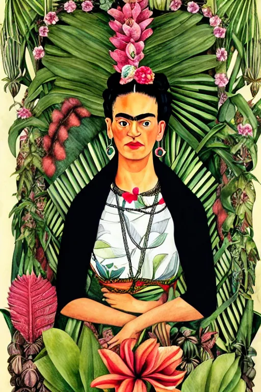Image similar to realistic portrait of frida kahlo in the center of an ornate floral frame with tropical foliage and tropical flowers, detailed art by kay nielsen and walter crane, illustration style, watercolor