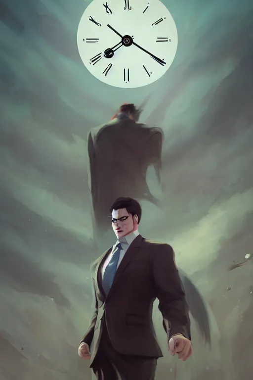 Prompt: clock - faced giant wearing a business suit, dreamy landscape, clock instead of face, dark, beautiful composition, colorful, by ross tran and wlop, masterpiece, artstation