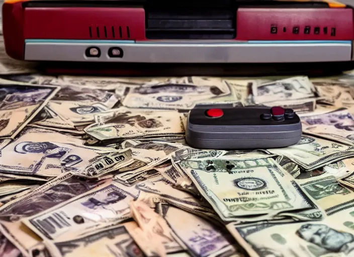 Image similar to realistic photo of nintendo 6 4 video game console in front of stacks of money