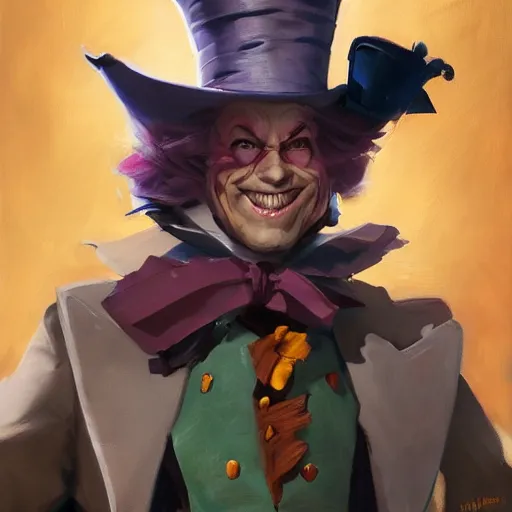 Image similar to greg manchess portrait painting of partially armored mad hatter from alice in wonderland as overwatch character, wacky, medium shot, asymmetrical, profile picture, organic painting, sunny day, matte painting, bold shapes, hard edges, street art, trending on artstation, by huang guangjian and gil elvgren and jesper ejsing