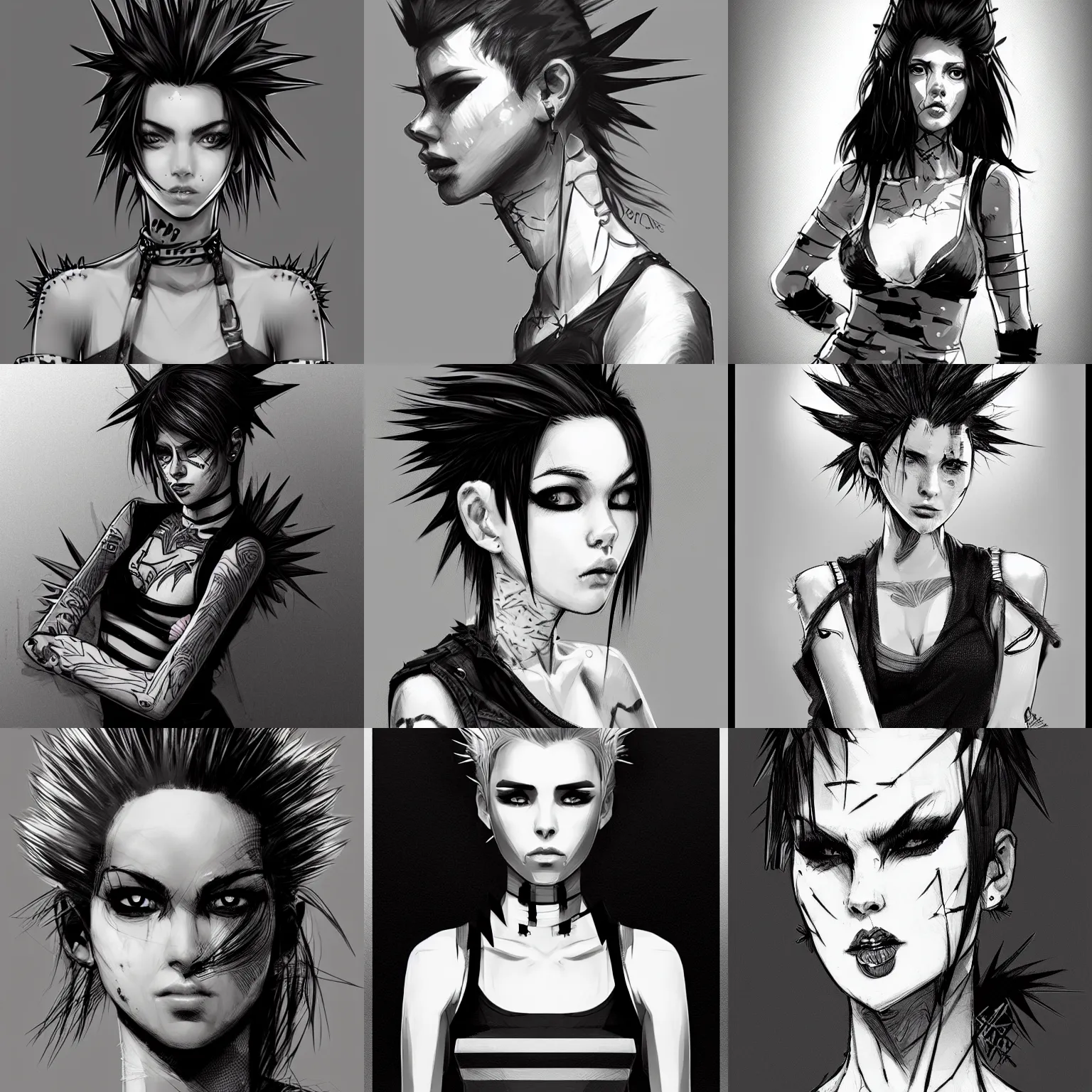 Prompt: portrait of a punk girl with spiky hair and a smug expression, bandages around her arms, quick monochrome digital sketch by Ross Tran, artstation