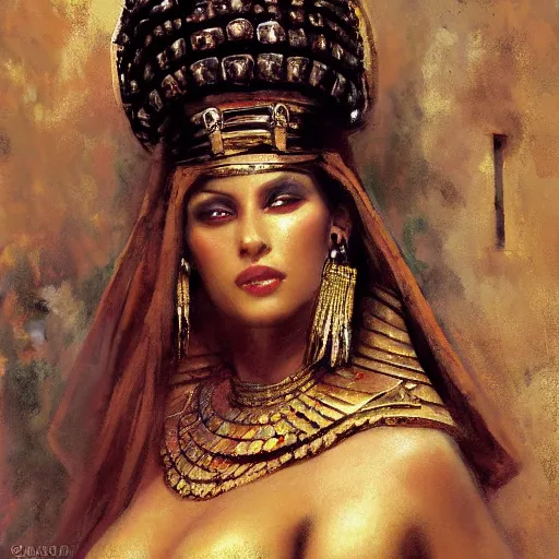 Prompt: elegant egyptian queen woman by a cemetary, detailed face, with a crown of skulls, skull earings, painting by Gaston Bussiere, Craig Mullins