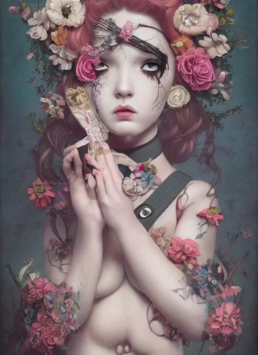 Prompt: pop surrealism, lowbrow art, realistic cute girl painting, body harness, japanese shibari with flowers, hyper realism, muted colours, rococo, natalie shau, loreta lux, tom bagshaw, trevor brown style,