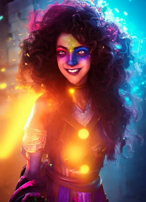 Image similar to an epic fantasy comic book style portrait painting of a girl wearing colorful makeup with a smile and curly brown hair stepping out of a doorway with light shining behind her, unreal 5, daz, hyperrealistic, octane render, cosplay, rpg portrait, dynamic lighting