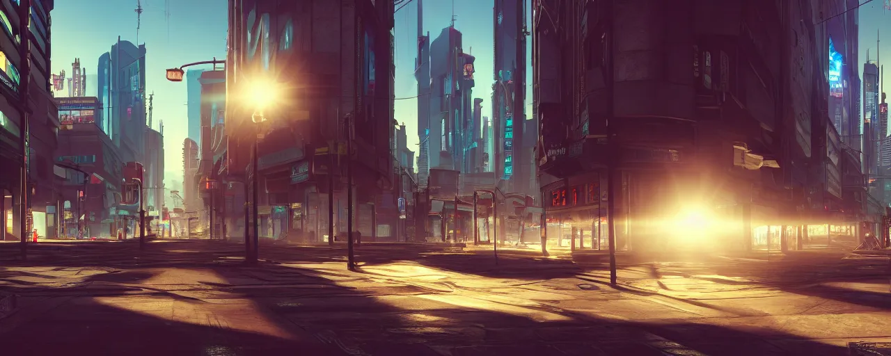 Image similar to photorealistic cyberpunk city streets. daylight. sunlight. lens flare. light fixtures. 8K. detailed. photorealism. artstation. 25mm f/1.7 ASPH Lens. ultra realistic