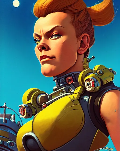 Image similar to brigitte from overwatch, character portrait, portrait, close up, concept art, intricate details, highly detailed, vintage sci - fi poster, retro future, in the style of chris foss, rodger dean, moebius, michael whelan, and gustave dore