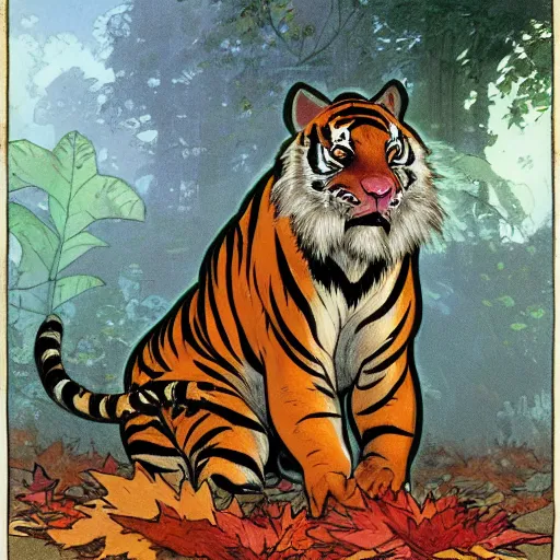 Image similar to a highly detailed portrait of cartoon tiger, sweating, flapping a leaf fan, autumn leaves on the ground, concise lines, ultradetailed environment, sharp focus, cinematic lighting, character art, 8 k, by alphonse maria mucha and kim jung gi