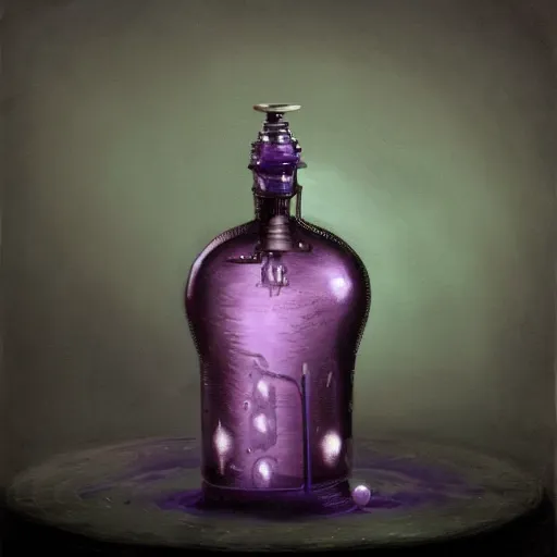 Prompt: a painting of a steampunk violet shiny potion bottle in a dark dusty vintage science lab, by h. r. giger, hyperrealistic fantasy art, concept matte, ethereal, dreamy, digital art, trending on artstation, volumetric cinematic lighting