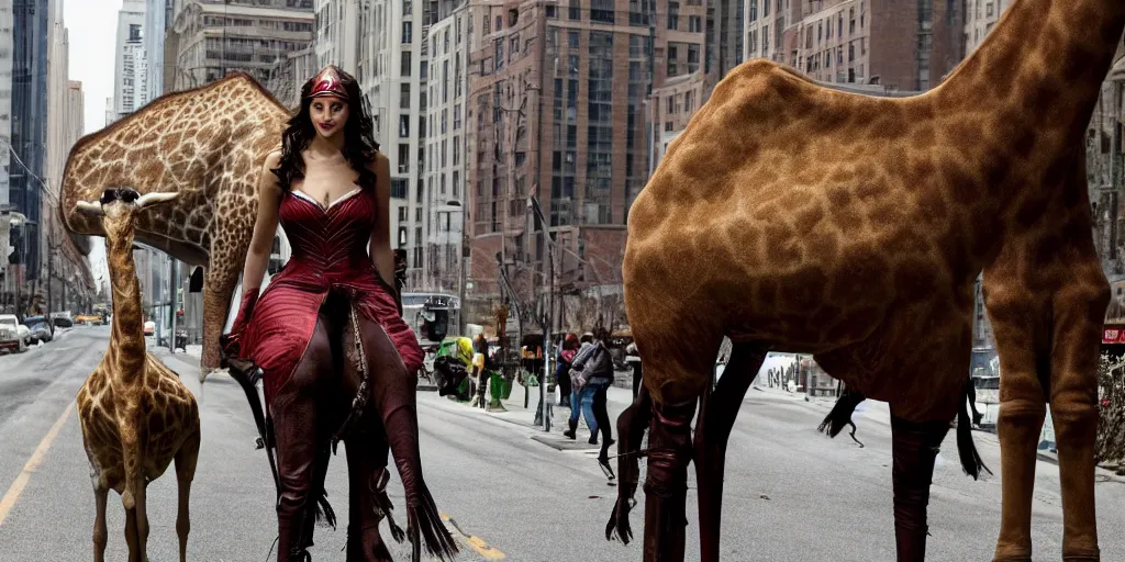 Prompt: gal gadot, in a red victorian era dress, rides on the back of a huge giraffe necked albino elk as it walks thru the deserted streets of downtown cleveland