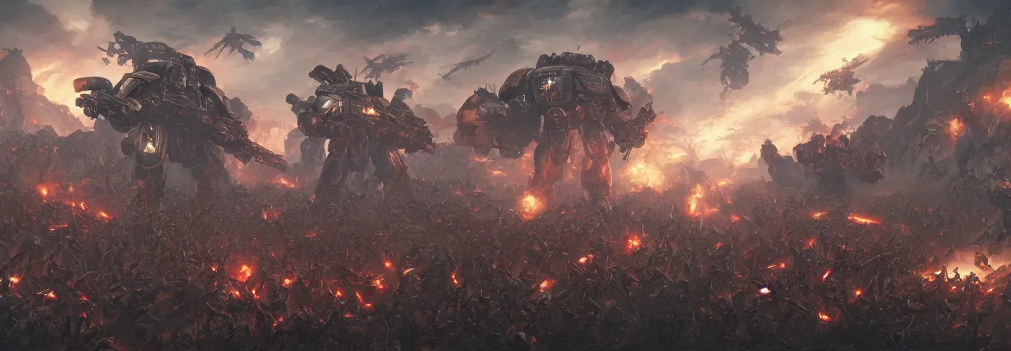 Image similar to an army of 4 0 k space marine fighting demons, epic shot, cinematic lighting, 8 k, octane render, ultra detailed, art by artgerm and greg rutkowski and alphonse mucha, artstation