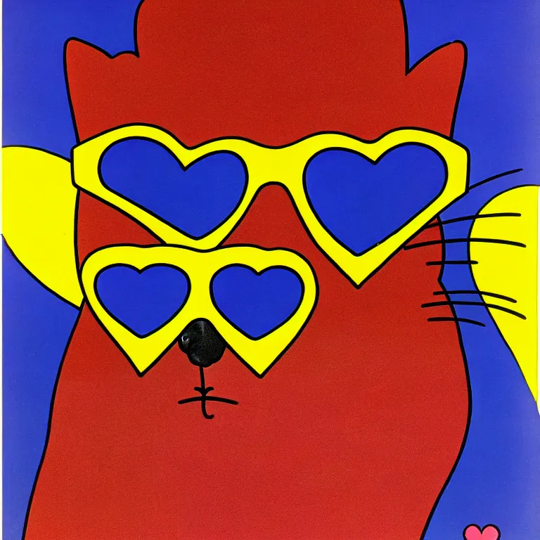 Prompt: by tadanori yokoo. a cat wearing heart shaped sunglasses. a 1 9 8 0 s retro illustration. detailed, sunburst