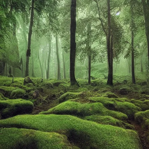 Image similar to the wood between the worlds, narnia, a forest filled with pools of water, lush green forest, moss,