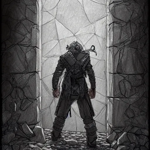 Prompt: the man inside the wall, explorer sketch, eldritch journalist, concept art, grand scale, intricate detailed