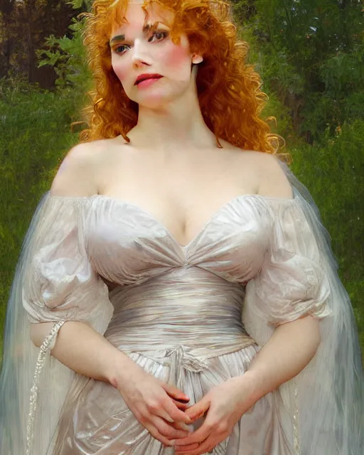 Image similar to realistic oil painting of young 1 8 - year old christina hendricks wearing an iridescent wedding dress covered in pearls, highly detailed, intricate,, elegant, digital painting, smooth, sharp focus, illustration, ultra realistic, 8 k, by bouguereau, alphonse mucha, artgerm, and donato giancola