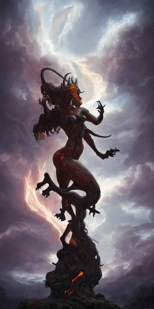 Prompt: partial ecorche female centaur demon with scoliosis and curved horns and fiery eyes on a pedestal, upshot, dramatic cinematography, volumetric lighting, dark curly hair, by peter mohrbacher, smoke, slime, dark