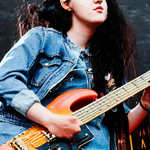 Image similar to 19-year-old girl with long shaggy black hair, wearing denim jacket and bell-bell-bottom jeans, playing electric guitar, stoner metal concert, heavy blues rock, doom metal, 30mm photography