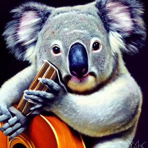 Image similar to portrait koala playing a guitar, fine details. realistic shaded lighting by ilya kuvshinov giuseppe dangelico pino and michael garmash and rob rey, iamag premiere, aaaa achievement collection, eyes open in wonder