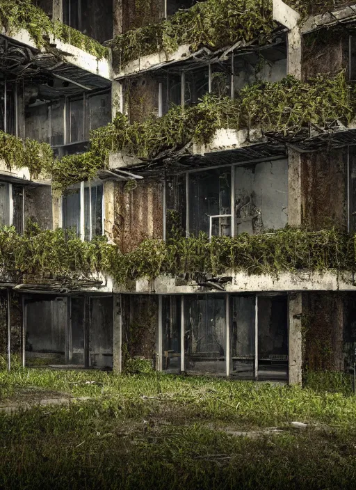 Image similar to a post - apocalyptic chicago, collasped buildings, a dark forest, vines and moss growing over buildings, abandoned aparment buildings, grunge, hyper real, cinematic photo, octane render, insanely detailed, 8 k