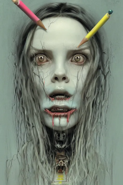 Image similar to crayon cartoon grunge portrait of a creepy horror nurse girl . intricate artwork. nightmare fuel. terrifying. by zdzisław Beksiński, wlop, dan mumford , trending on artstation, greg rutkowski very coherent symmetrical artwork. cinematic, hyper realism, high detail, octane render, 8k