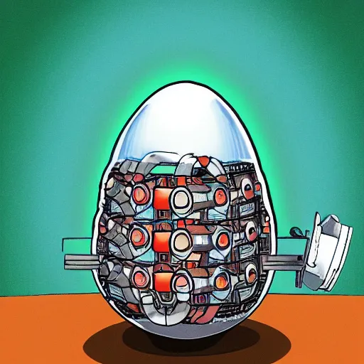 Image similar to a mechanical egg being powered by cosmic fuel, digital art