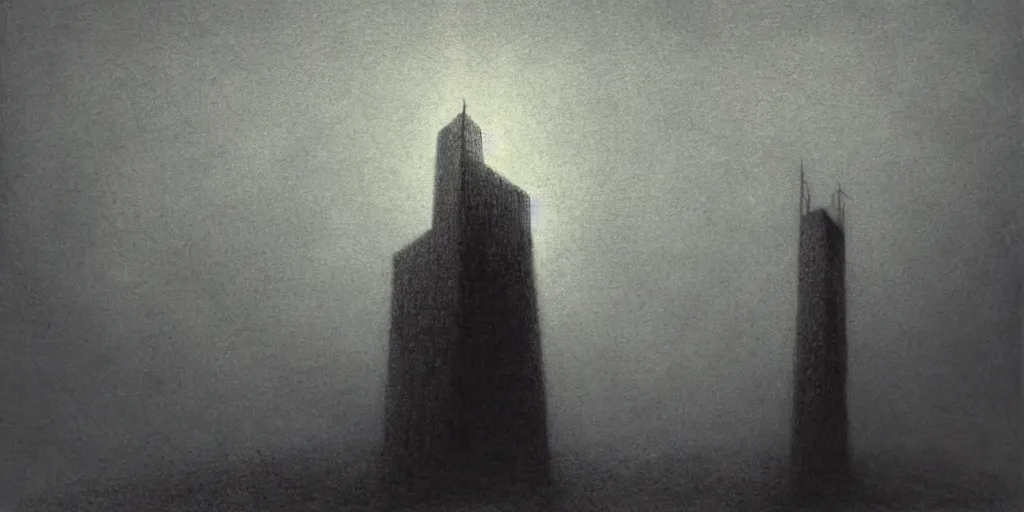 Image similar to A tower connected with cables, shining light, rays of light, by beksinski, shining light, high clouds, fog, Award winning, pencil drawing, masterpiece, detailed illustration