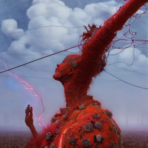 Image similar to A woman wearing clothes made out of thunder clouds and flowers, giant monsters walking in the distance, red skin, Masterpiece, glowing, wires everywhere, by Edgar Maxence and Ross Tran, Zdzisław Beksiński, and Michael Whelan, distant, gustav dore, H.R. Giger, 8k, octane render