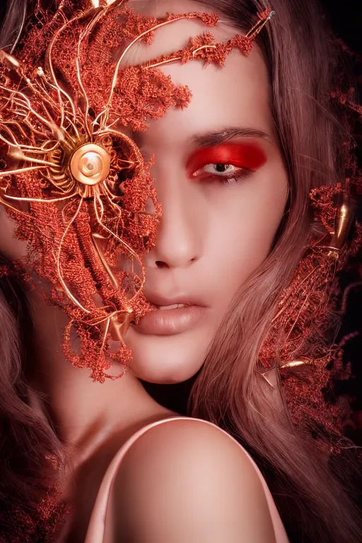 Image similar to beautifull cyberpunk woman model, wearing organic coral outfit, gold tendrils, luxury materials, symmetrical, cinematic, elegant, professional studio light, real dlsr photography, sharp focus, 4 k, ultra hd, sense of awe, high fashion