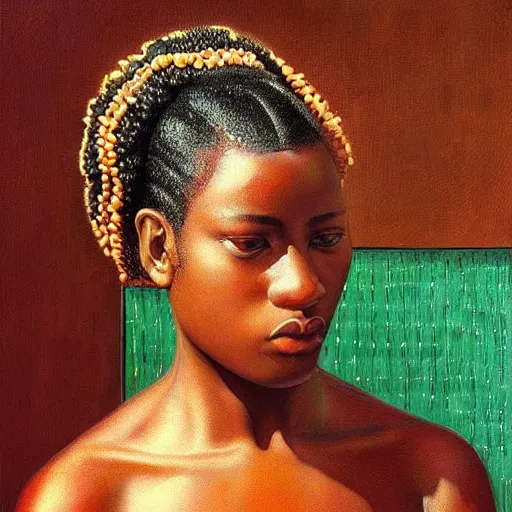 Image similar to “sango God of thunder plaited hair beads cowry Nigerian lightning facial details proportionate dark skinned symmetrical digital art oil painting Edward hooper”