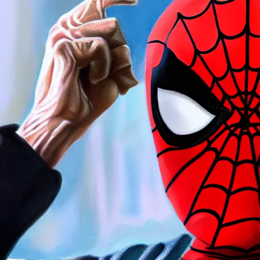 Prompt: photorealistic painting of stan lee wearing a spider - man costume but holding the mask in his hand, happy, 4 k