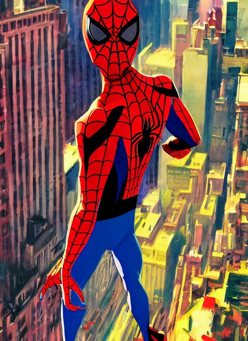 Image similar to spider - man into the spider - verse ( 2 0 1 8 ), anime key visual concept art of, spider woman standing on a balcony in new york city, golden rays, by alberto mielgo, 6 0's french movie poster, french impressionism, vivid colors, palette knife and brush strokes, fish eye lens, anaglyph