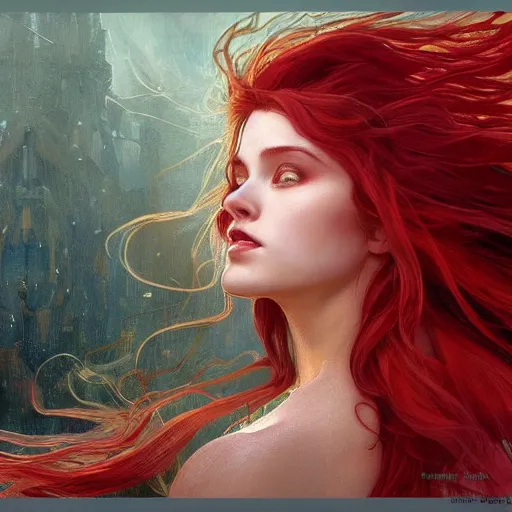 Image similar to a red haired goddess hanging upside down, long hair billowing down, intricate, elegant, highly detailed, digital painting, artstation, concept art, matte, sharp focus, illustration, in the style of magic the gathering, art by artgerm and greg rutkowski and alphonse mucha