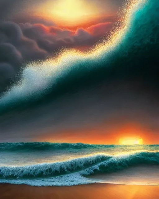 Image similar to sea with huge tsunami rolling waves, shore, sunset, hyper realistic, artstation, illustration, nicoletta ceccoli, mark ryden, lostfish, dan decarlo, bob clampett, max fleischer, digital paint, matte paint, vivid colors, detailed and intricate environment