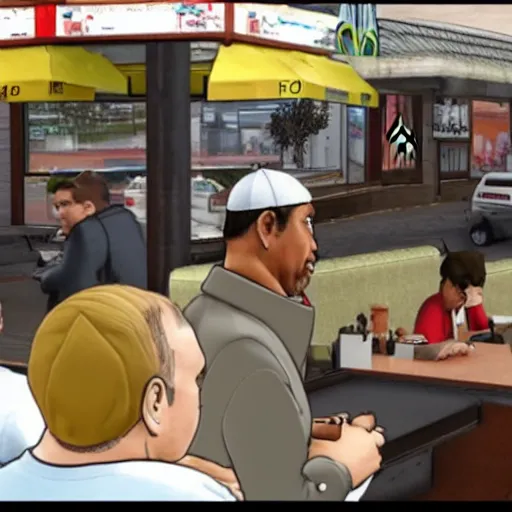 Image similar to big smoke from gta san andreas eating out at a mc donald's with pope francis and shinzo abe