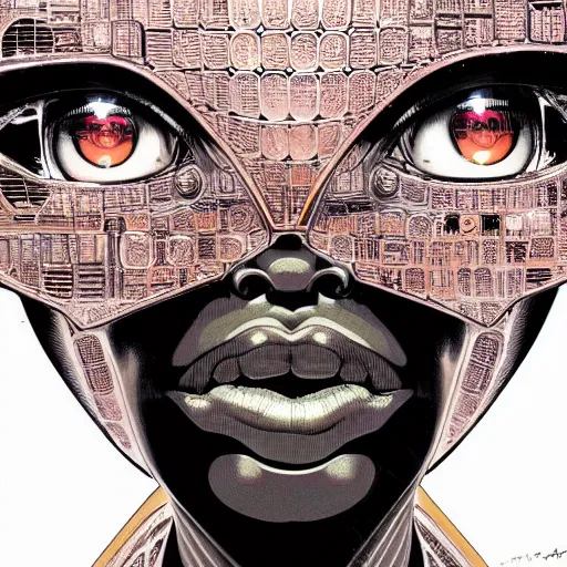 Image similar to portrait closeup of black glossy woman mecha, symmetrical, by yoichi hatakenaka, masamune shirow, josan gonzales and dan mumford, ayami kojima, takato yamamoto, barclay shaw, karol bak, yukito kishiro, moebius