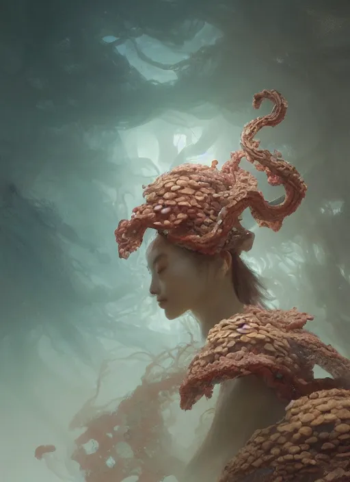 Image similar to Helmet of a forgotten Deity, corals, plume made of seaweed, white snake winding around, extremly detailed digital painting, in the style of Fenghua Zhong and Ruan Jia and jeremy lipking and Peter Mohrbacher, mystical colors, rim light, beautiful lighting, 8k, stunning scene, raytracing, octane, trending on artstation