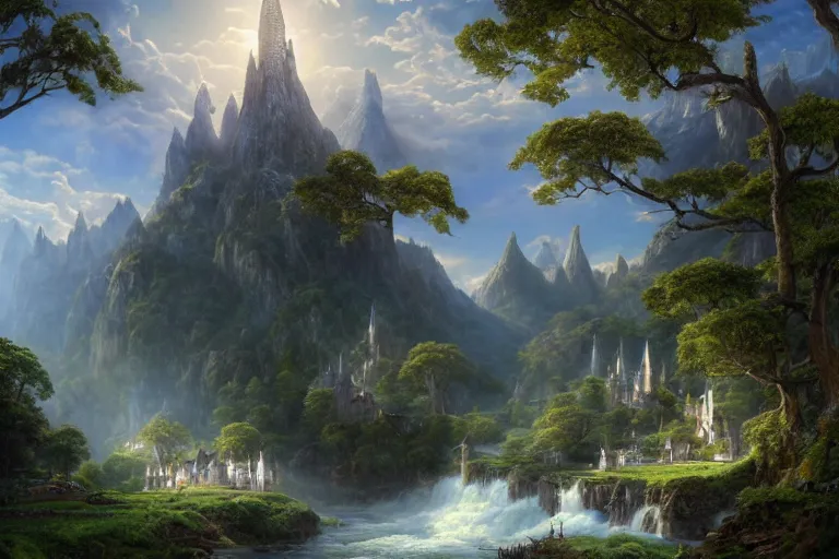 Image similar to An elven village surrounded by white monoliths surging with magic at the bottom of green hills with a river running through it, clear blue skies in the background, by Thomas Kincade, Richard Sigamani, 8k photorealistic, cinematic lighting, HD, high details, dramatic, trending on artstation