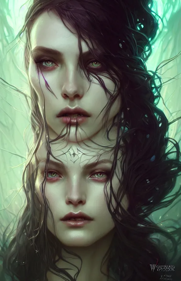 Image similar to Necromancer Sorceress face close-up macro in center, fantasy magic, undercut hairstyle, dark light night, intricate, elegant, sharp focus, illustration, highly detailed, digital painting, concept art, matte, art by WLOP and Artgerm and Greg Rutkowski and Alphonse Mucha, masterpiece