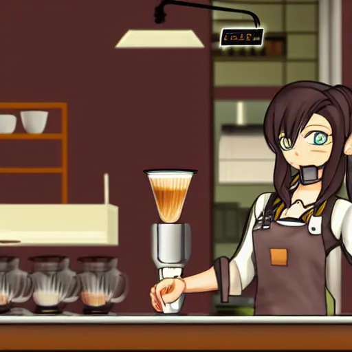 Image similar to danganronpa original character, the ultimate barista, making a latte, low lit coffee shop